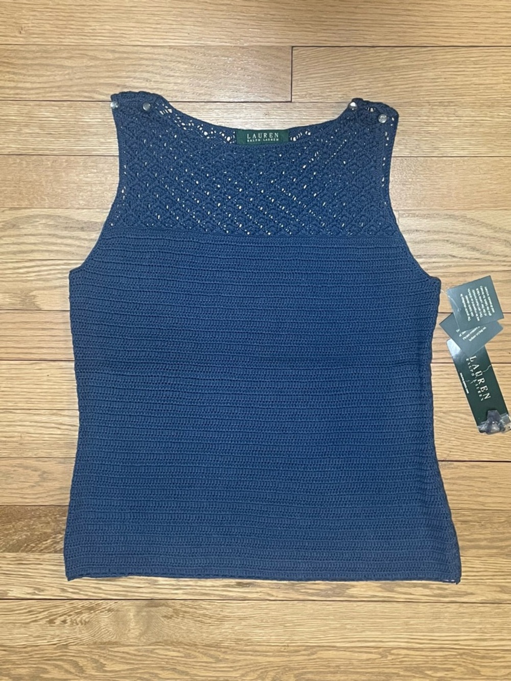 NWT - LAUREN Ralph Lauren Silk Blend Crochet Knit Tank Top Siam Blue - Sz S